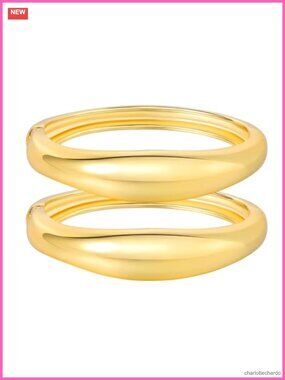 14K Gold Plated Chunky Cuff Bangle Bracelet Set 2PCS Wide Hinged Open Irregular